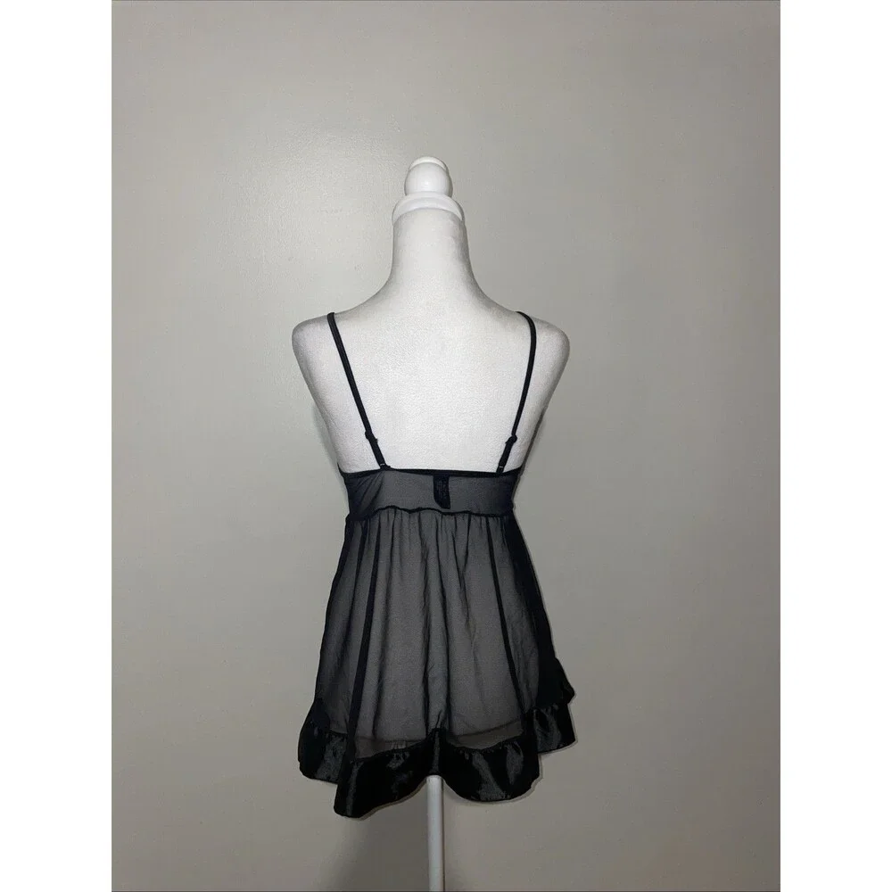 Rene Rofe Babydoll M/L Black Sheer Mesh Chemise Satin Ruffle Bow Lingerie